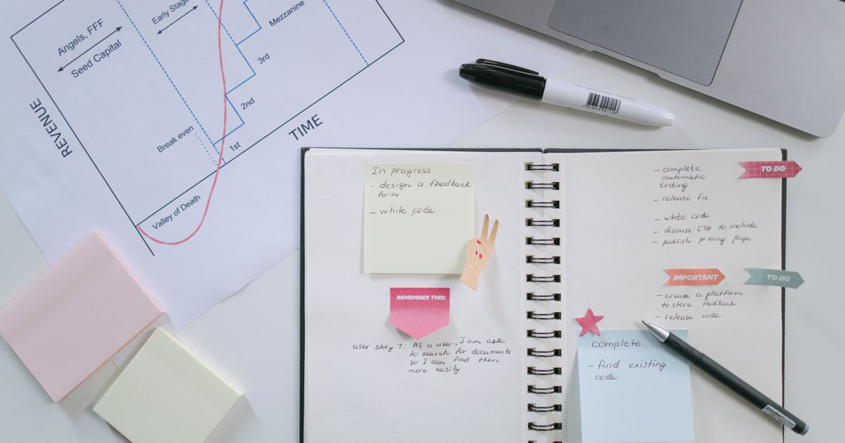 Open notebook with planning notes, sticky notes, and a laptop
